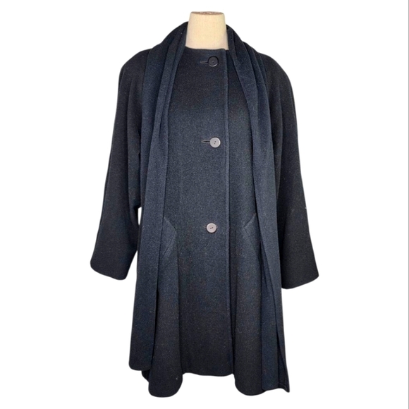 Vintage Larry Levine Black Wool Blend Coat w/ Attached Scarf Size 10 - Picture 1 of 10